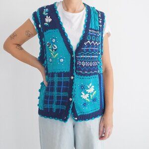 Koret Blue Patchwork Floral Knit Button Sweater Vest Textured Cottagecore M